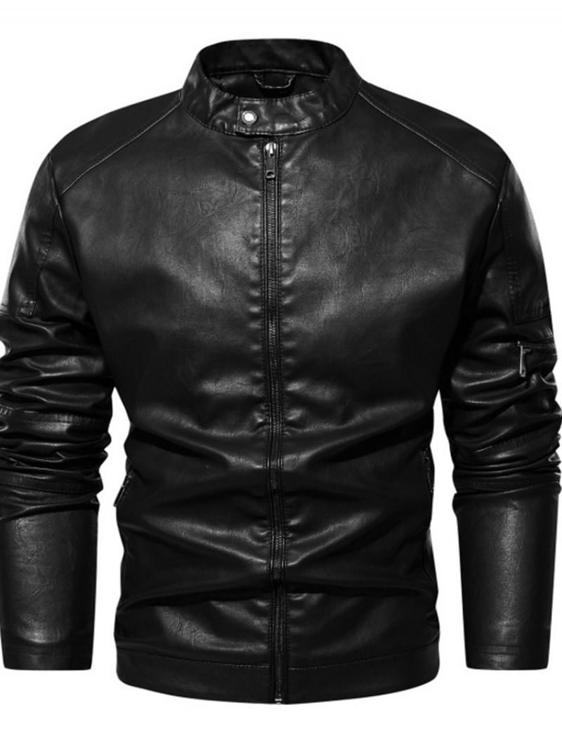 Stand Collar Standard Plain European Slim Leather Jacket
