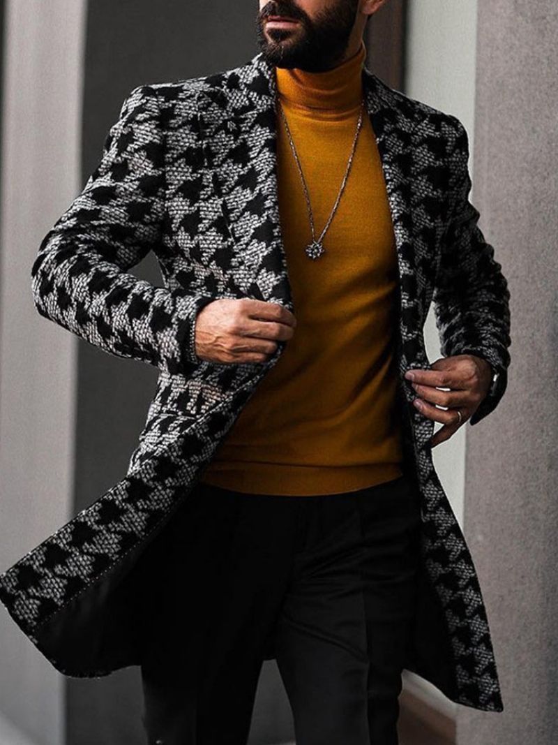 Středně Dlouhý Pánský Dvouřadý Kabát Houndstooth