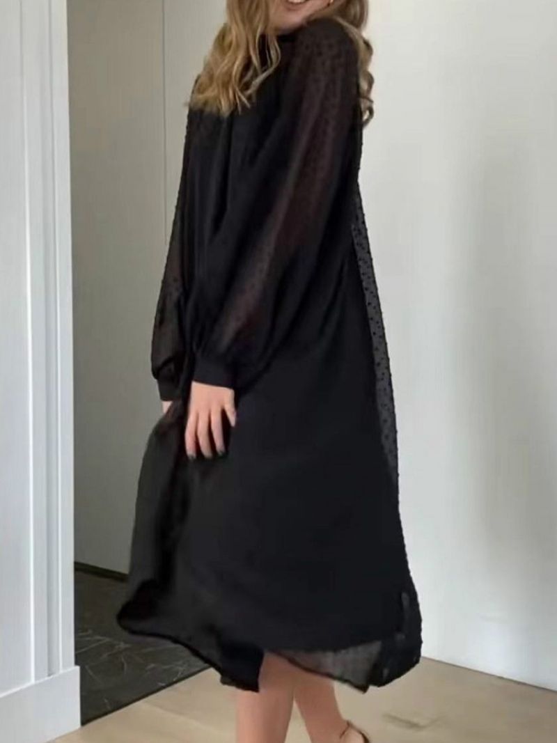 Síťovaný Stojatý Límec Do Půli Lýtek Podzimní Puntíkované Dámské Šaty