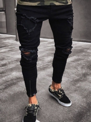 Hole Plain Pencil Zipper European Jeans