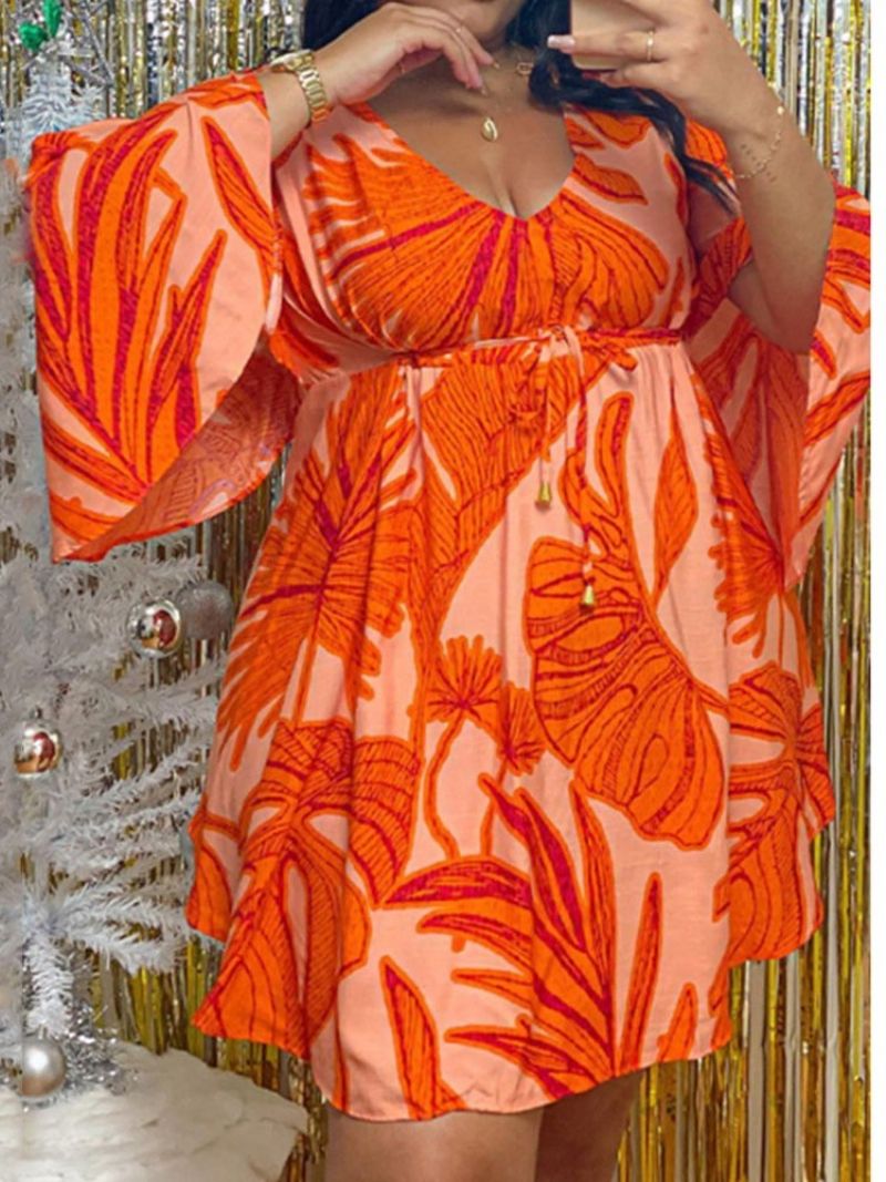Potisk S Dlouhým Rukávem Nad Kolena A-line Plant Dress Plus Size