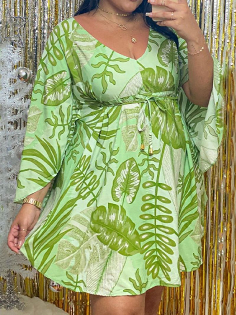 Potisk S Dlouhým Rukávem Nad Kolena A-line Plant Dress Plus Size