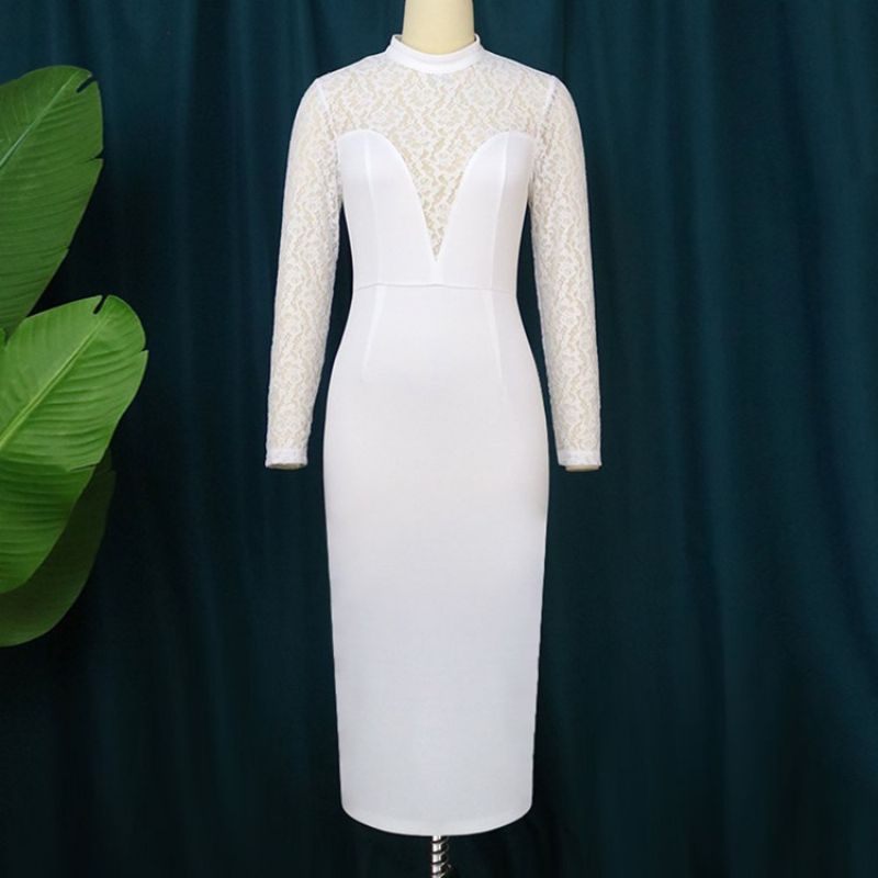 Bodycon Šaty S Krajkou Do Půlky Lýtek S Dlouhým Rukávem A Pravidelným Vysokým Pasem