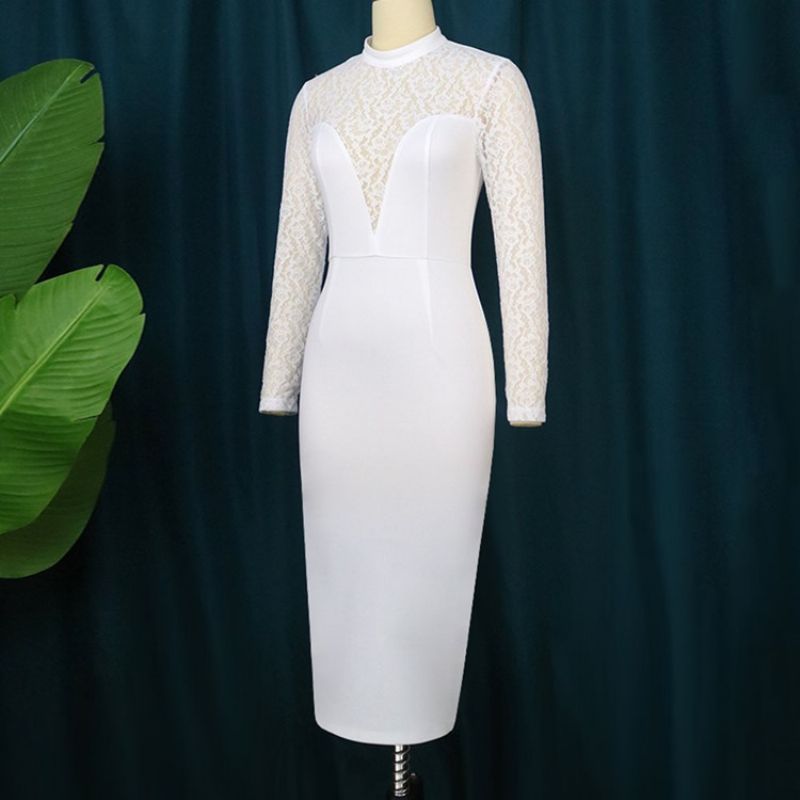 Bodycon Šaty S Krajkou Do Půlky Lýtek S Dlouhým Rukávem A Pravidelným Vysokým Pasem