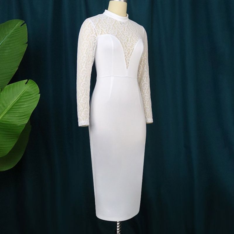 Bodycon Šaty S Krajkou Do Půlky Lýtek S Dlouhým Rukávem A Pravidelným Vysokým Pasem