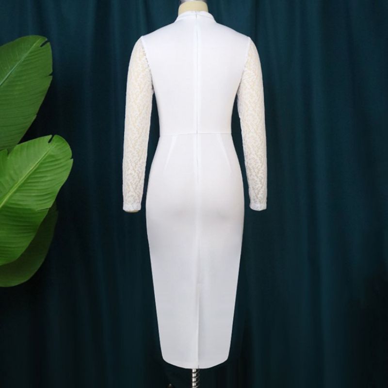 Bodycon Šaty S Krajkou Do Půlky Lýtek S Dlouhým Rukávem A Pravidelným Vysokým Pasem