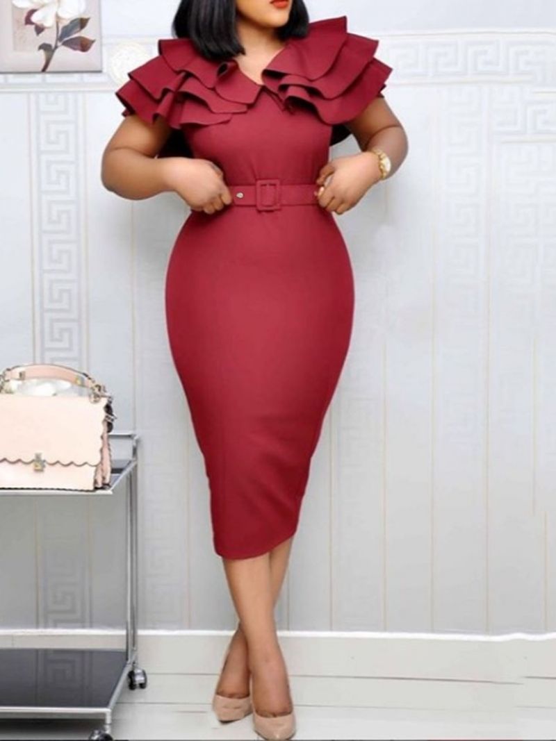 Bodycon Šaty S Krátkým Rukávem Do Poloviny Lýtek S Jednoduchým Volánovým Rukávem