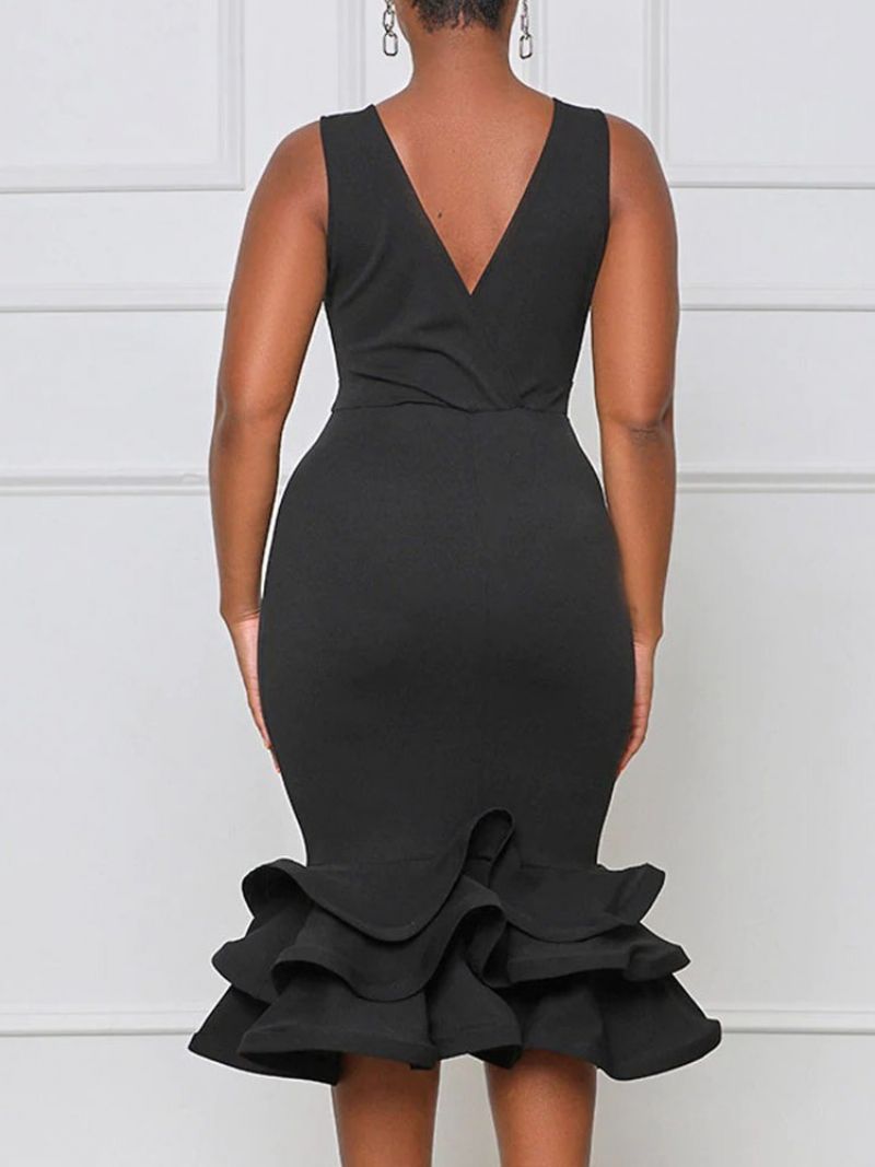 Falbala Šaty Bez Rukávů Do Poloviny Lýtek S Vysokým Pasem Mořské Panny Bodycon
