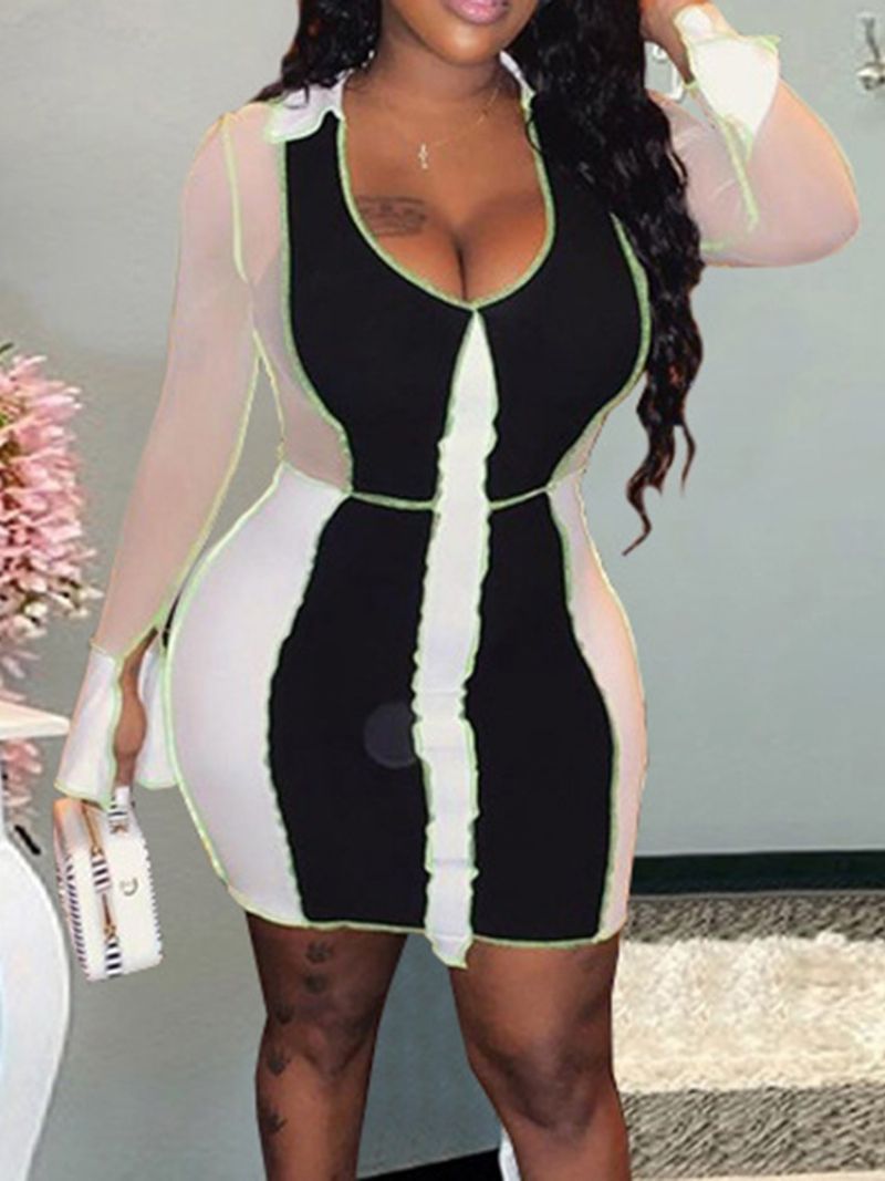 Patchworkové Dámské Sexy Šaty Bodycon S Dlouhým Rukávem Nad Kolena