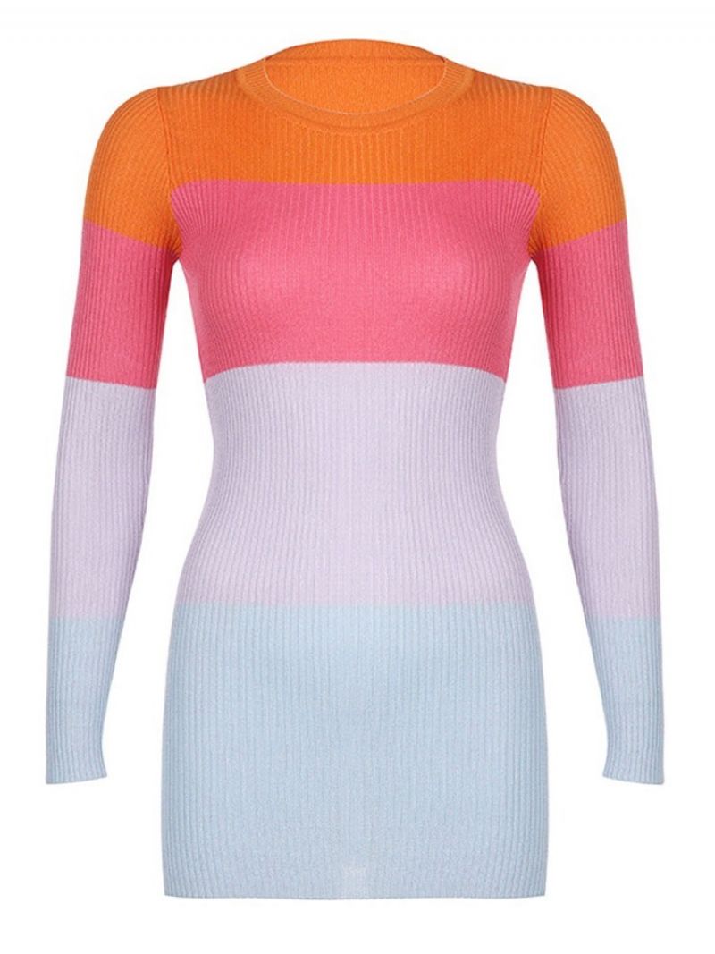 Patchworkové Šaty S Kulatým Výstřihem A Dlouhým Rukávem S Pravidelným Barevným Blokem Bodycon