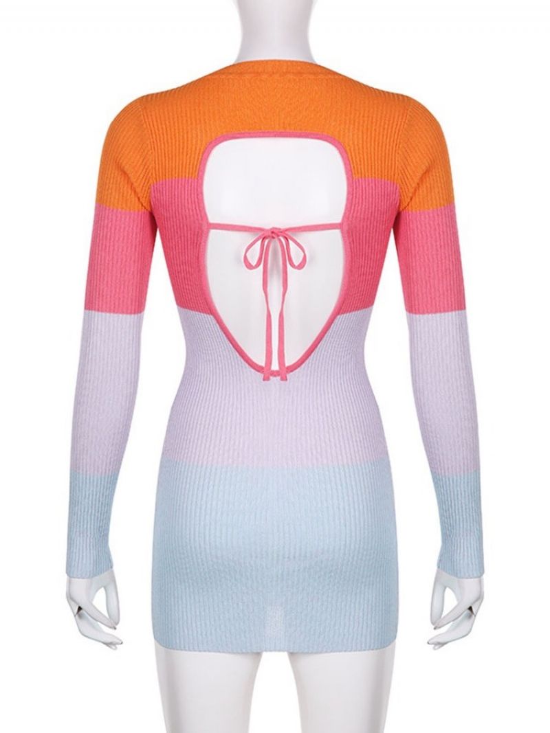 Patchworkové Šaty S Kulatým Výstřihem A Dlouhým Rukávem S Pravidelným Barevným Blokem Bodycon