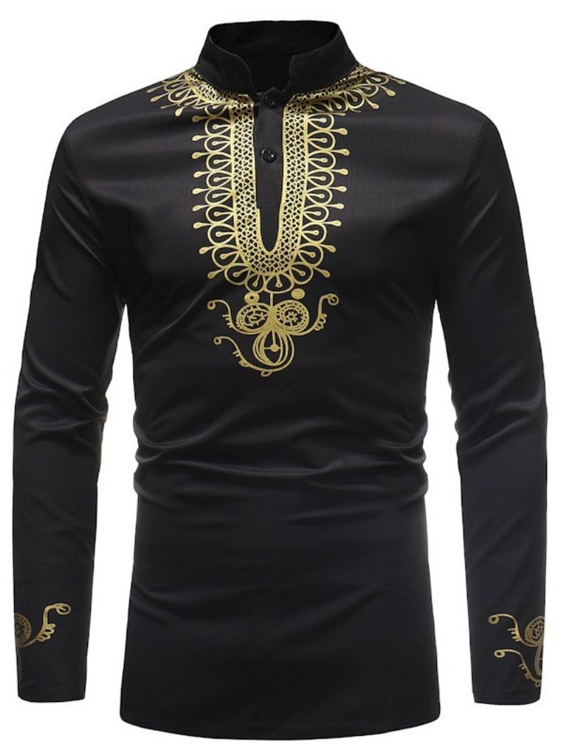 Africká Móda Golden Black Dashiki Print Stand Collar Pánské Košile