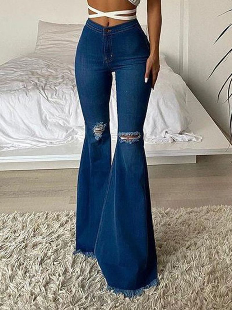 Dámské Tenké Džíny Na Zip Bellbottoms Hole Plain