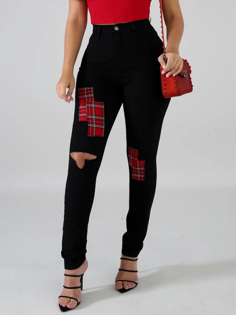 Hole Color Block Pencil Kalhoty Hole Skinny Jeans