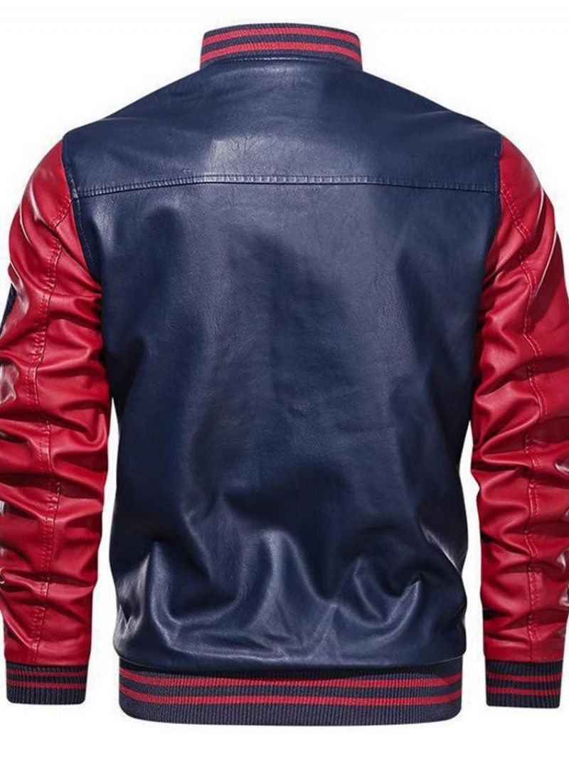 Kožená Bunda Standard Color Block Stand Collar Slim Zip