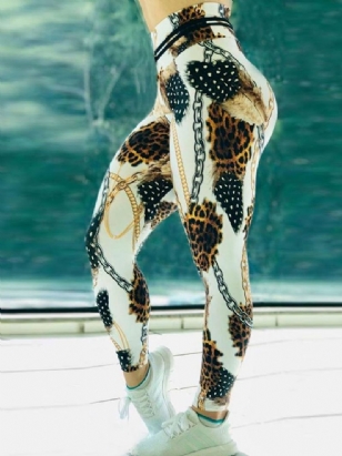 Chain Leopard Print Color Block Vysoký Pas Dámské Legíny Jógové Kalhoty Vysoký Pas Tiktok Legíny