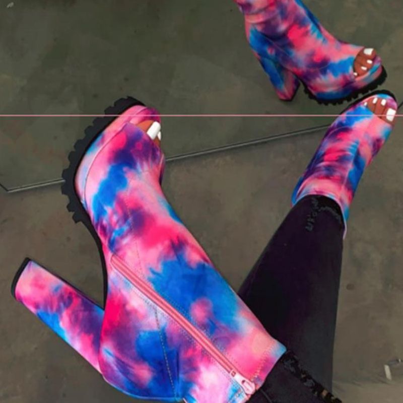 Dámské Kozačky S Bočním Zipem Na Robustním Podpatku Peep Toe Thread